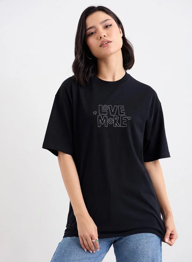 Styli Styli Embroidered Slogan Round Neck Oversized T-Shirt