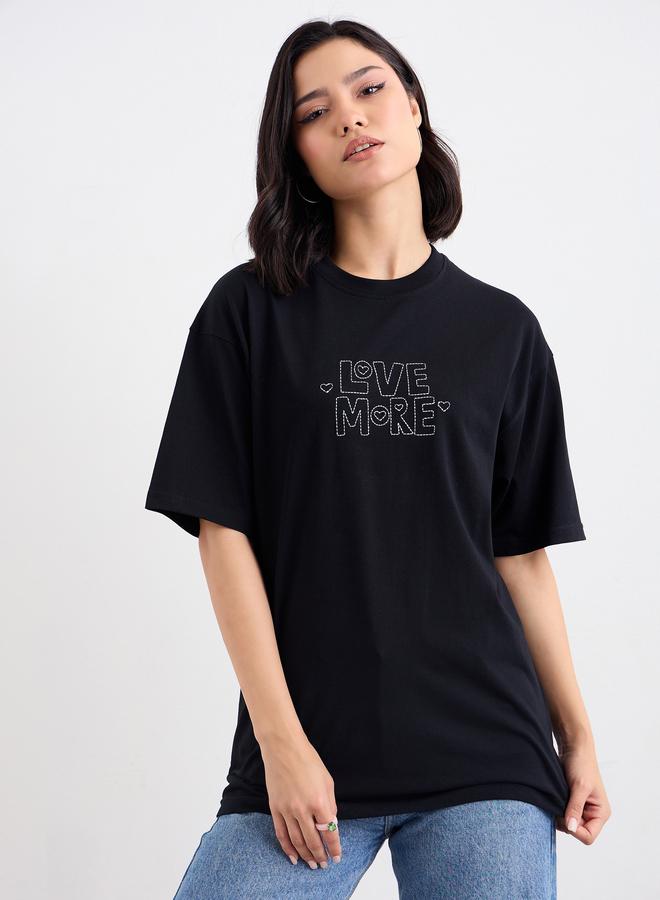 Styli Embroidered Slogan Round Neck Oversized T-Shirt - Image 2
