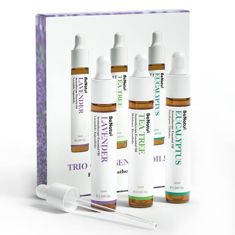 Benatu Essential Oils Set (Tea Tree Lavender Eucalyptus) for Home, Organic Relax Scent Aromatherapy Gift for Women and Men, Natural Fragrance for Skin Care, Body Topical Massage, Diffuser 3 Packs - Image 1