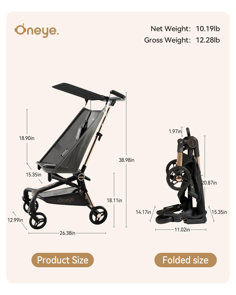 Oneye Travel Stroller for Airplane, Ultra Lightweight Baby Stroller for Toddlers with Canopy, Foldable & Compact Strollers with Jumbo Seat & Large Storage Basket,10.19lb,Stable & One-Hand Fold, Black - Image 2