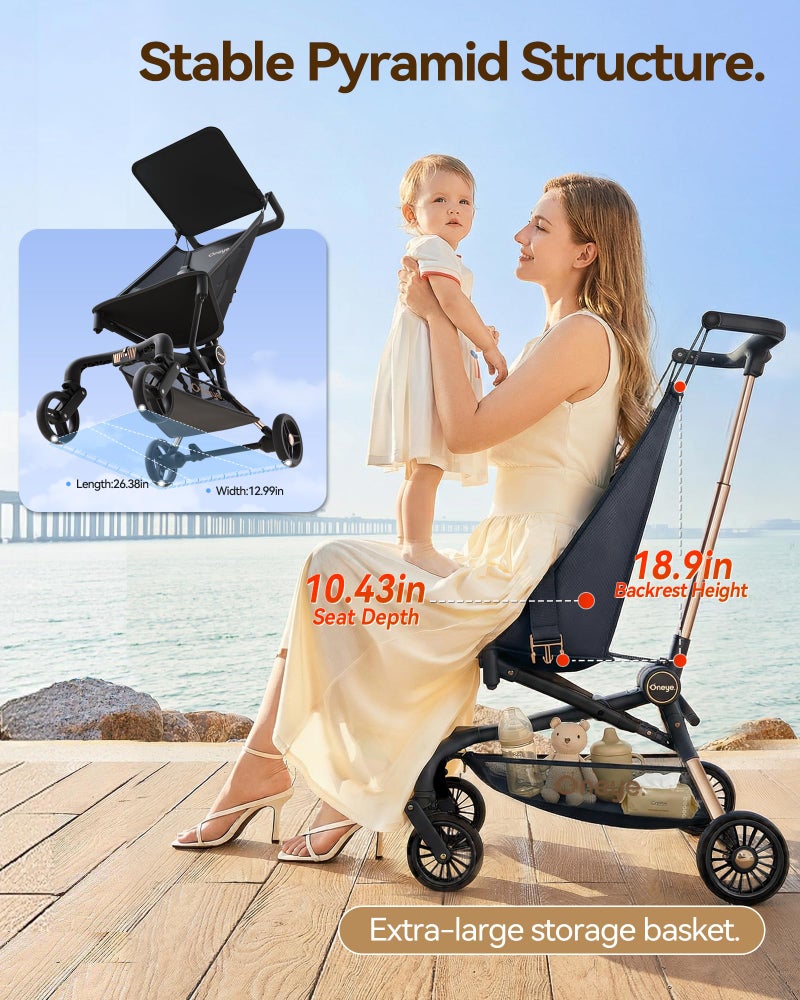 Oneye Travel Stroller for Airplane, Ultra Lightweight Baby Stroller for Toddlers with Canopy, Foldable & Compact Strollers with Jumbo Seat & Large Storage Basket,10.19lb,Stable & One-Hand Fold, Black - Image 5