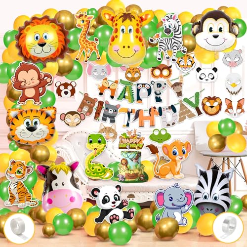 Zyozique Jungle Safari Birthday Decorations / Birthday Party Decoration Combo - Paper Banner with Balloons, Cake Topper, Foil Balloons, Cardstock Cutout, Glue & Masks (Pack of 81) - Image 1