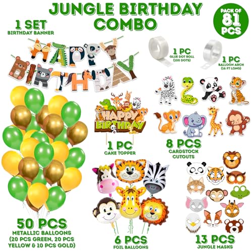 Zyozique Jungle Safari Birthday Decorations / Birthday Party Decoration Combo - Paper Banner with Balloons, Cake Topper, Foil Balloons, Cardstock Cutout, Glue & Masks (Pack of 81) - Image 2