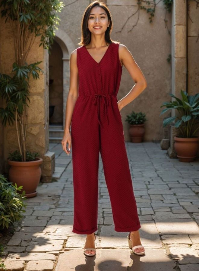 Freehand Women Regular Fit Textured V-Neck Jumpsuit - Image 1