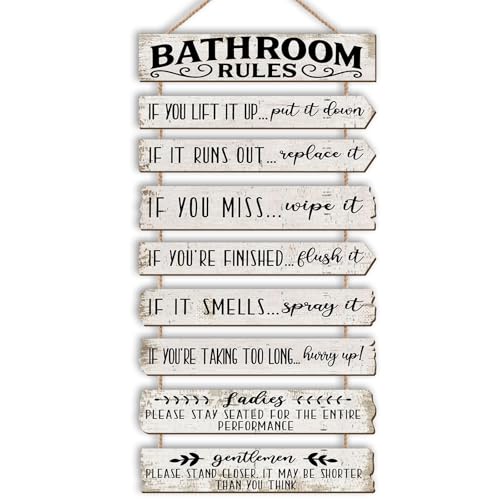 PEKCARGO Bathroom Wall Decor Funny Bathroom Signs Bathroom Rules Pictures Wall Art Decor Rustic Farmhouse Toilet Decor Wooden Sign (White) - Image 1