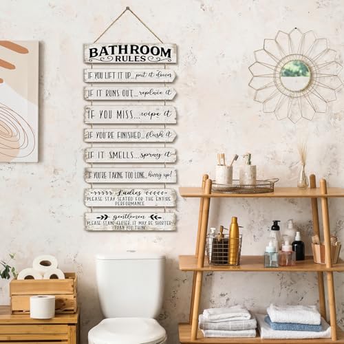 PEKCARGO Bathroom Wall Decor Funny Bathroom Signs Bathroom Rules Pictures Wall Art Decor Rustic Farmhouse Toilet Decor Wooden Sign (White) - Image 4