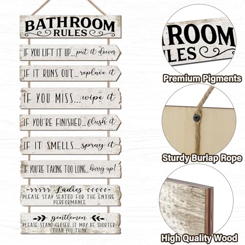 PEKCARGO Bathroom Wall Decor Funny Bathroom Signs Bathroom Rules Pictures Wall Art Decor Rustic Farmhouse Toilet Decor Wooden Sign (White) - Image 3