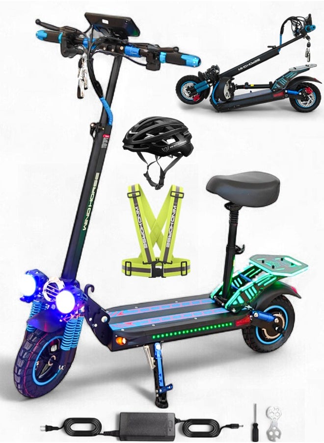 Wind Horse H5 Plus Folding Electric Scooter, 1200W Motor, 48V 27Ah Battery, 50KM/H Max Speed, 51KM Range, 10 Inches Tires, Dual Suspension and Remote Lock with Helmet and Safety Vest  - Image 1
