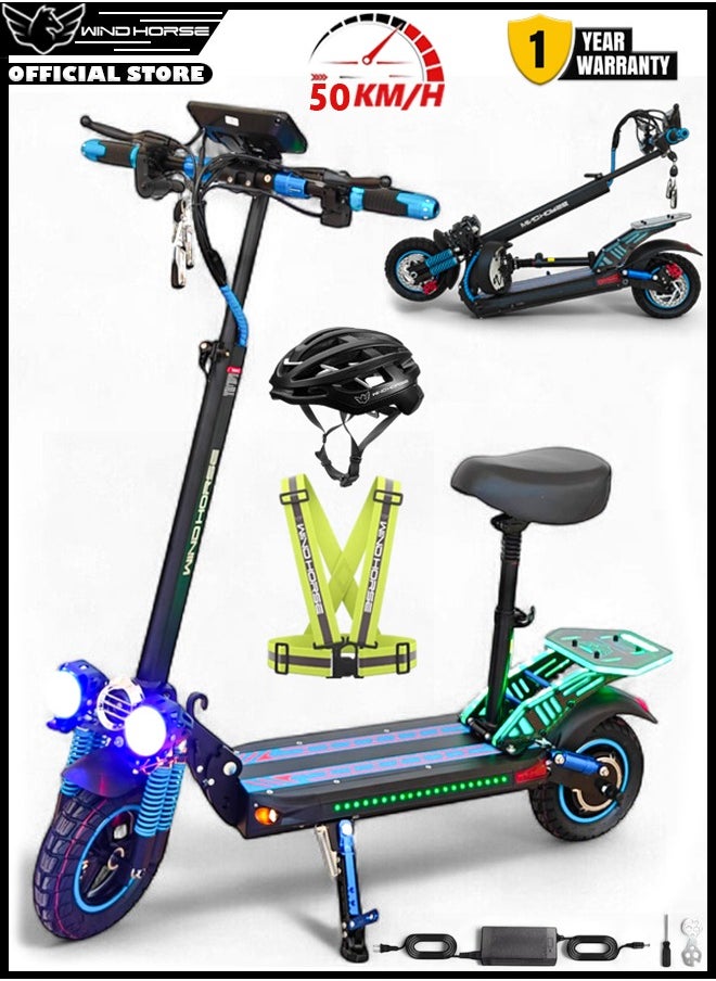 Wind Horse H5 Plus Folding Electric Scooter, 1200W Motor, 48V 27Ah Battery, 50KM/H Max Speed, 51KM Range, 10 Inches Tires, Dual Suspension and Remote Lock with Helmet and Safety Vest  - Image 1
