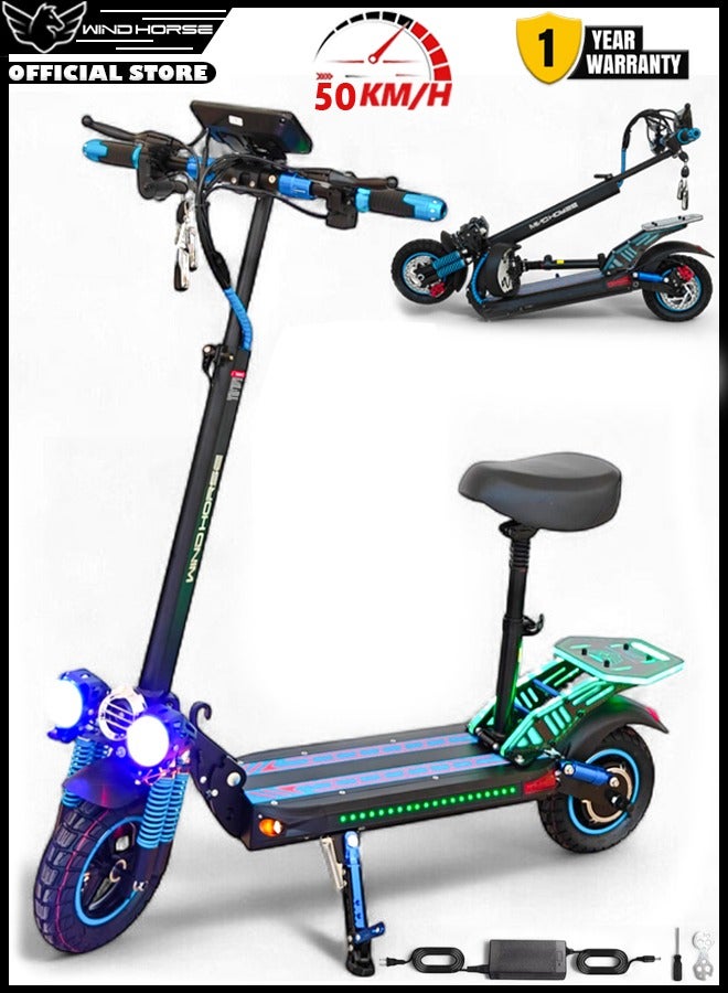 حصان الريح سكوتر كهربائي قابل للطي H5 Plus، محرك 1200 واط، بطارية 48 فولت 27 أمبير، سرعة قصوى 50 كم/ساعة، مدى 51 كم، إطارات 10 بوصة، نظام تعليق مزدوج وقفل عن بعد مع خوذة وسترة أمان - Image 1