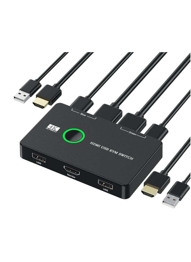 جوي لينك مبدّل KVM من Joyelink KVM، HDMI، ومبدّل KVM USB لجهازي كمبيوتر يتشاركان شاشة واحدة عالية الدقة ولوحة مفاتيح وماوس، يدعم 4K@60 هرتز، 2 كابل HDMI و2 كابل USB، 1 كابل شحن USB C مرفق  - Image 1