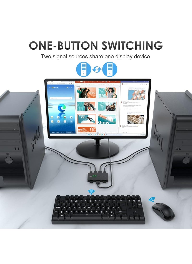 جوي لينك مبدّل KVM من Joyelink KVM، HDMI، ومبدّل KVM USB لجهازي كمبيوتر يتشاركان شاشة واحدة عالية الدقة ولوحة مفاتيح وماوس، يدعم 4K@60 هرتز، 2 كابل HDMI و2 كابل USB، 1 كابل شحن USB C مرفق  - Image 2