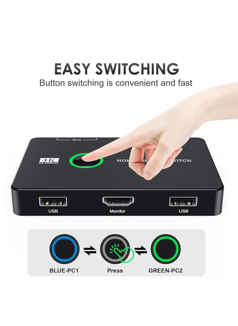 جوي لينك مبدّل KVM من Joyelink KVM، HDMI، ومبدّل KVM USB لجهازي كمبيوتر يتشاركان شاشة واحدة عالية الدقة ولوحة مفاتيح وماوس، يدعم 4K@60 هرتز، 2 كابل HDMI و2 كابل USB، 1 كابل شحن USB C مرفق  - Image 3