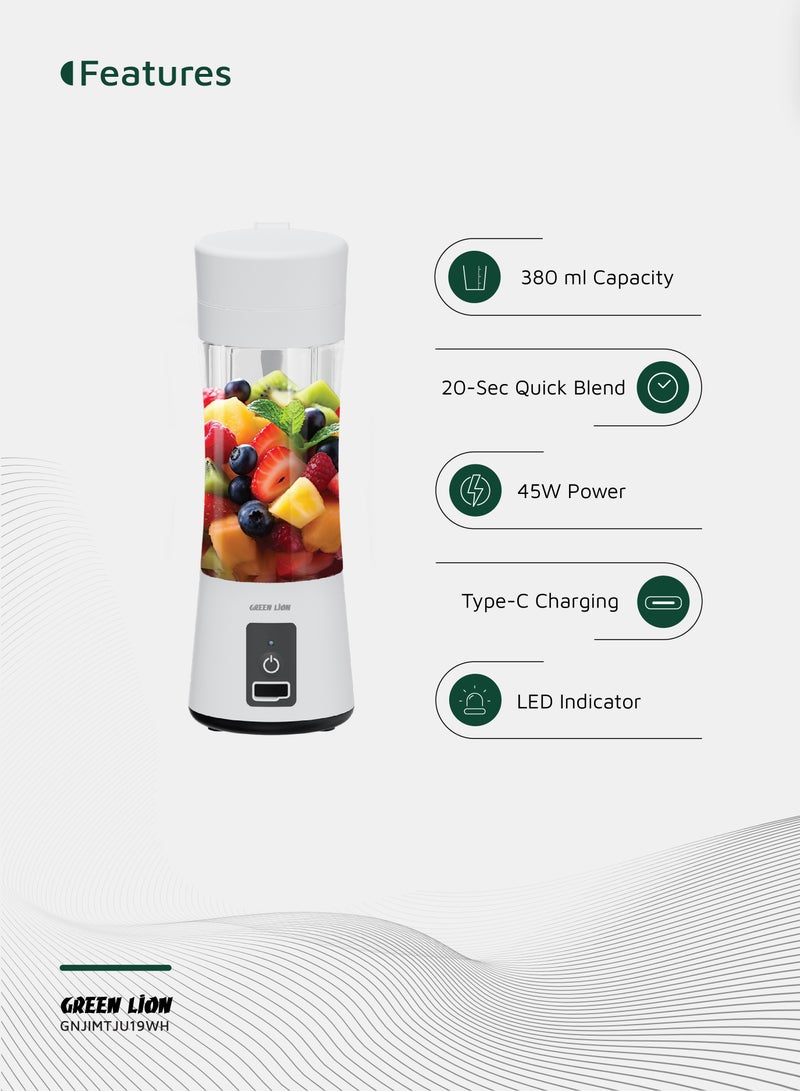 GREEN LION Juice Mate Portable Juicer with 380mL Capacity 45W  / 6-Blade Design / Up to 15 Blending Cycles / 1200mAh Battery & USB-C Charging Port / LED Indicator / 20 Seconds Single Blend Time / BPA-Free & Food-Grade Material - White - Image 2