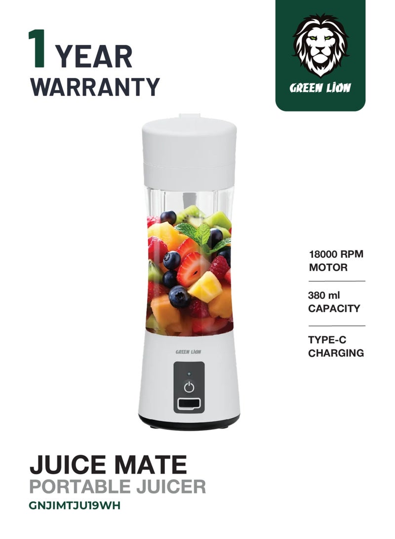 GREEN LION Juice Mate Portable Juicer with 380mL Capacity 45W  / 6-Blade Design / Up to 15 Blending Cycles / 1200mAh Battery & USB-C Charging Port / LED Indicator / 20 Seconds Single Blend Time / BPA-Free & Food-Grade Material - White - Image 1