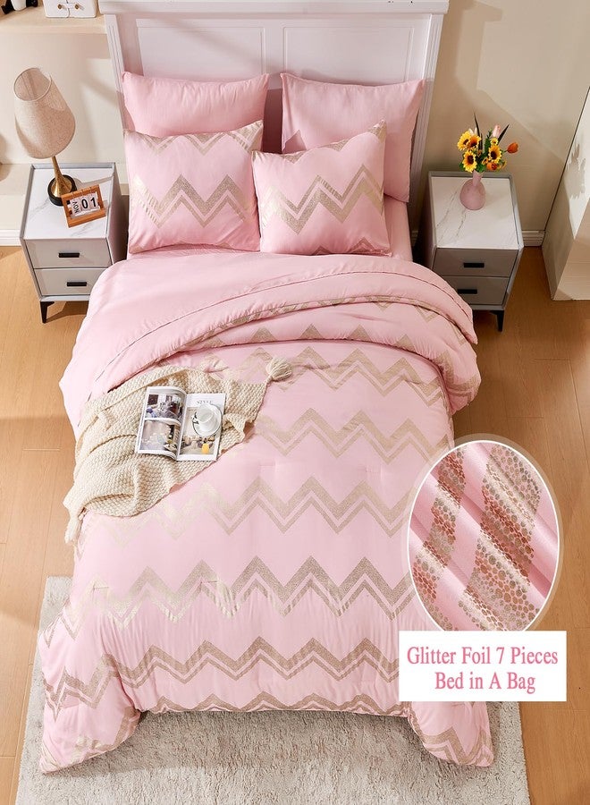 Wowelife Girl Bedding Sets Pink Gold Comforter for Queen Size Bed 7 Pieces Gold Glitter Foil Queen Bedding Set Teen Girl Bedding Pink Kids Bedroom Sets with 2 Pillow Shams and 2 Pillowcase - Image 2