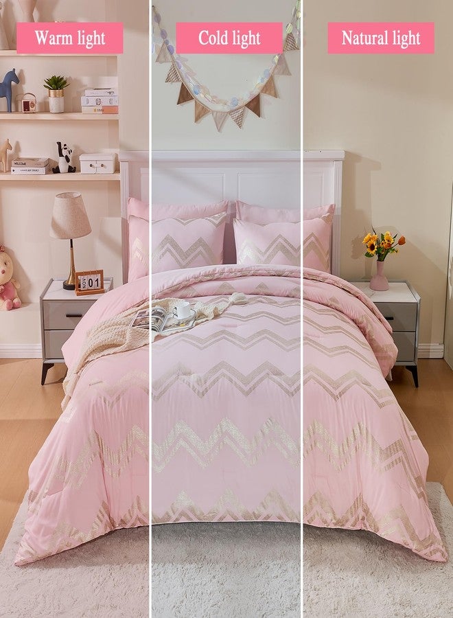 Wowelife Girl Bedding Sets Pink Gold Comforter for Queen Size Bed 7 Pieces Gold Glitter Foil Queen Bedding Set Teen Girl Bedding Pink Kids Bedroom Sets with 2 Pillow Shams and 2 Pillowcase - Image 5