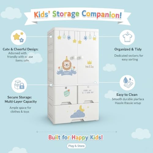 Mevigo 3-Door Kids Plastic Wardrobe with Drawers – Cartoon Design Storage Cabinet for Children, Multi-Layer Clothes Organizer, Toy & Baby Clothing Storage Cupboard for Bedroom/Nursery -Lion-SJ6523 - Image 2