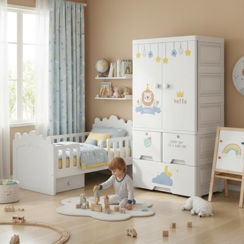 Mevigo 3-Door Kids Plastic Wardrobe with Drawers – Cartoon Design Storage Cabinet for Children, Multi-Layer Clothes Organizer, Toy & Baby Clothing Storage Cupboard for Bedroom/Nursery -Lion-SJ6523 - Image 3