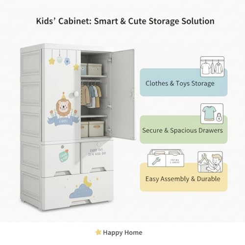 Mevigo 3-Door Kids Plastic Wardrobe with Drawers – Cartoon Design Storage Cabinet for Children, Multi-Layer Clothes Organizer, Toy & Baby Clothing Storage Cupboard for Bedroom/Nursery -Lion-SJ6523 - Image 5