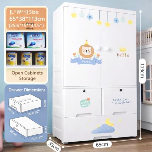 Mevigo 3-Door Kids Plastic Wardrobe with Drawers – Cartoon Design Storage Cabinet for Children, Multi-Layer Clothes Organizer, Toy & Baby Clothing Storage Cupboard for Bedroom/Nursery -Lion-SJ6523 - Image 4
