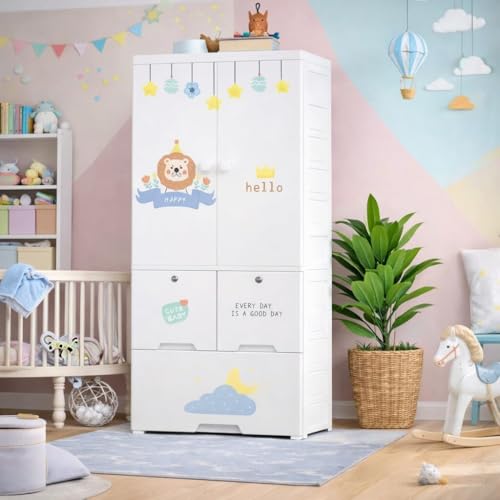 Mevigo 3-Door Kids Plastic Wardrobe with Drawers – Cartoon Design Storage Cabinet for Children, Multi-Layer Clothes Organizer, Toy & Baby Clothing Storage Cupboard for Bedroom/Nursery -Lion-SJ6523 - Image 1