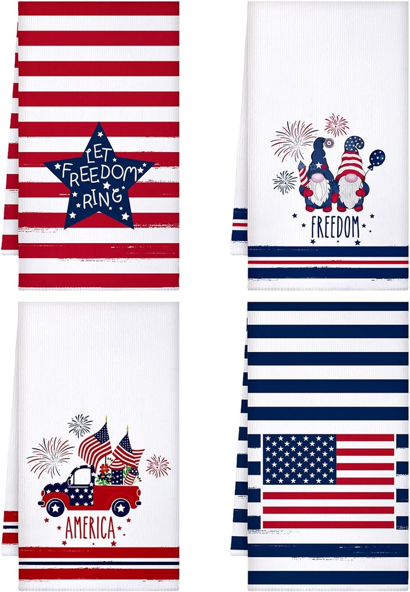 Kajaia 4 Pcs 4th of July Patriotic Kitchen Towels American Flag Stars Dish Towels Independence Day Hand Towel Red White and Blue Tea Towels for Kitchen Housewarming Gifts Memorial Day Home 157 x 236 - Image 1