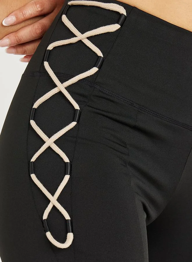 Styli Broad Waist Side Loop Cross Over Detail Front Split Flared Leggings
