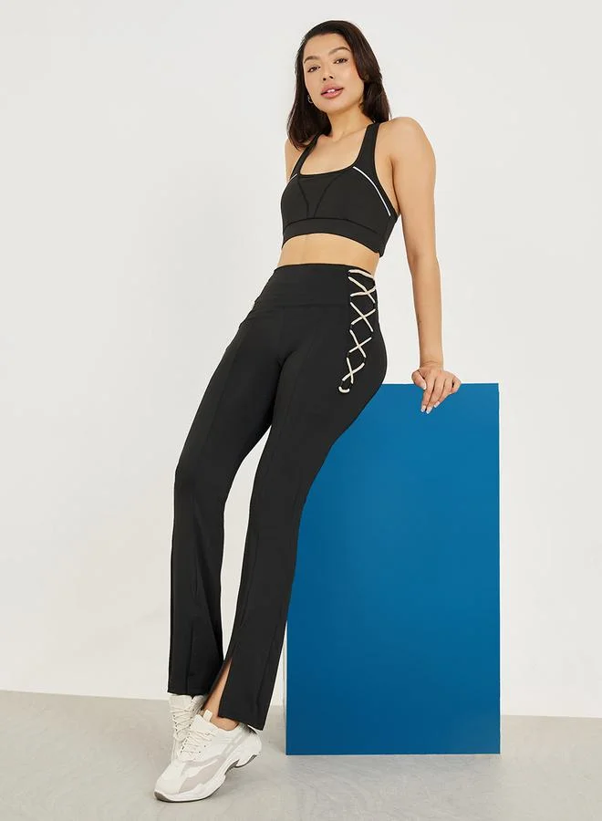 Styli Broad Waist Side Loop Cross Over Detail Front Split Flared Leggings