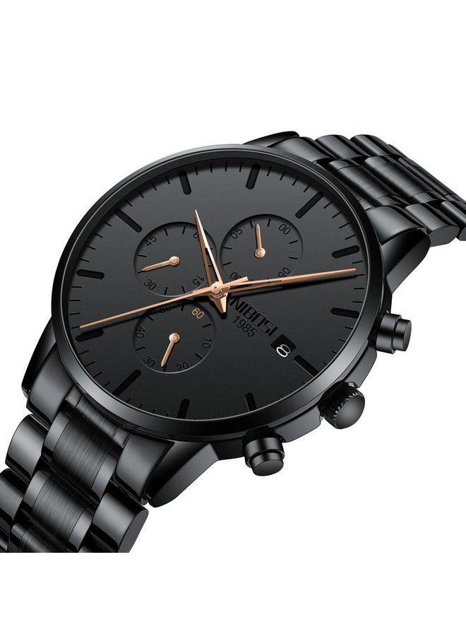 NIBOSI - NIBOSI Men's Watches Analog Minimalist Black Dial Watches for Men Business Chronograph Casual Watches with Stainless Steel Strap Date (Rose Gold2) - Image 1