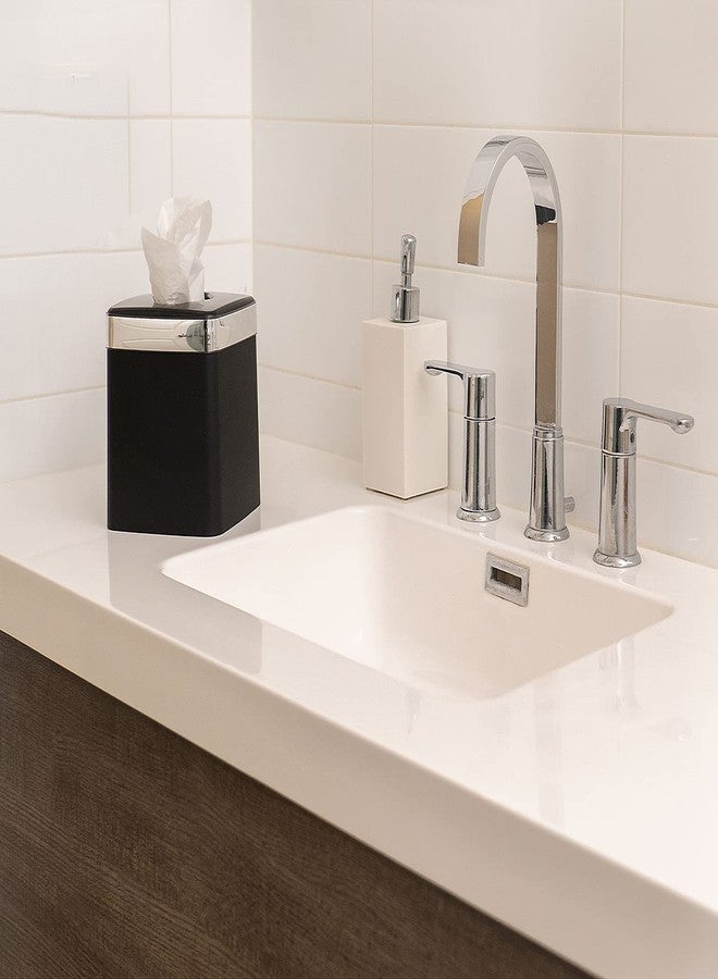 ستيفاني إمبورتس غطاء علبة مناديل مكعب الشكل مصنوع في الولايات المتحدة الأمريكية بلمسة نهائية شبه لامعة (جلد صناعي أسود مع شريط فضي) - Image 3