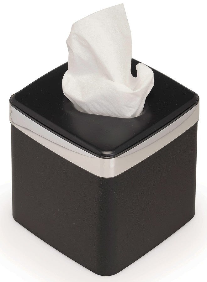 ستيفاني إمبورتس غطاء علبة مناديل مكعب الشكل مصنوع في الولايات المتحدة الأمريكية بلمسة نهائية شبه لامعة (جلد صناعي أسود مع شريط فضي) - Image 2