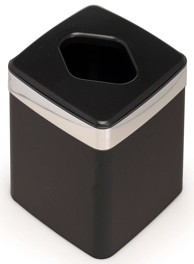 ستيفاني إمبورتس غطاء علبة مناديل مكعب الشكل مصنوع في الولايات المتحدة الأمريكية بلمسة نهائية شبه لامعة (جلد صناعي أسود مع شريط فضي) - Image 1