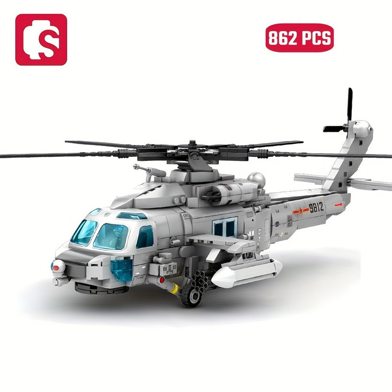 SEMBO 862pcs Navy Type Z-10 Helicopter Building Blocks Set, Military Airplane Fighter Bomber Model, ABS Plastic Educational DIY Toy, Transportation Theme Collectible Ornament, Ideal Birthday & Holiday Gift
