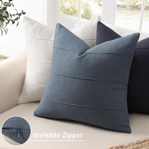 ZWJD Decorative Linen Throw Pillow Covers 20x20 Set of 2 Solid Handcrafted Striped Cushion Covers for Bed Soft Modern Farmhouse Neutral Pillowcase for Couch Bedroom Living Room Home DecorSlate Blue - Image 3