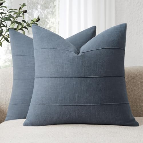ZWJD Decorative Linen Throw Pillow Covers 20x20 Set of 2 Solid Handcrafted Striped Cushion Covers for Bed Soft Modern Farmhouse Neutral Pillowcase for Couch Bedroom Living Room Home DecorSlate Blue - Image 1