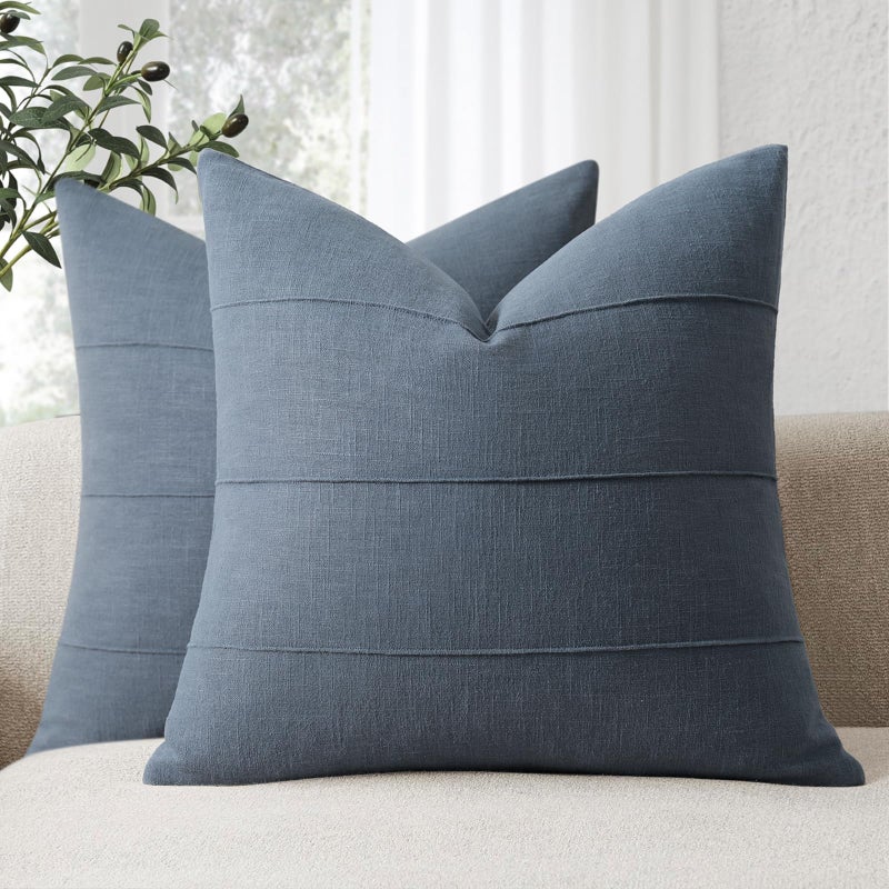 ZWJD Decorative Linen Throw Pillow Covers 20x20 Set of 2 Solid Handcrafted Striped Cushion Covers for Bed Soft Modern Farmhouse Neutral Pillowcase for Couch Bedroom Living Room Home DecorSlate Blue - Image 2