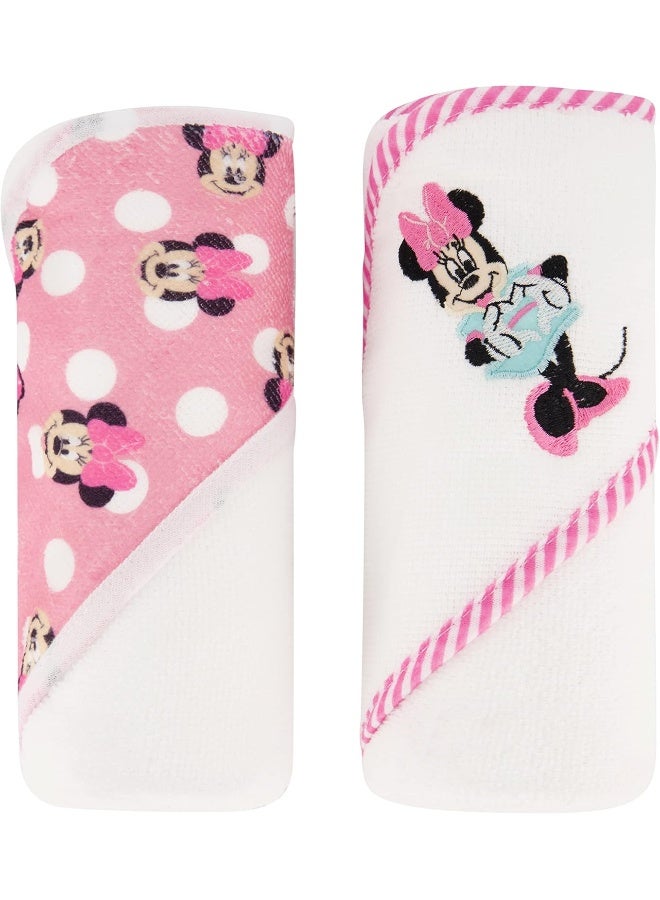 Disney Cudlie Baby Girl Minnie Mouse 2 Pack Rolled/Carded Hooded Towels in Happy Dots Print - Image 1