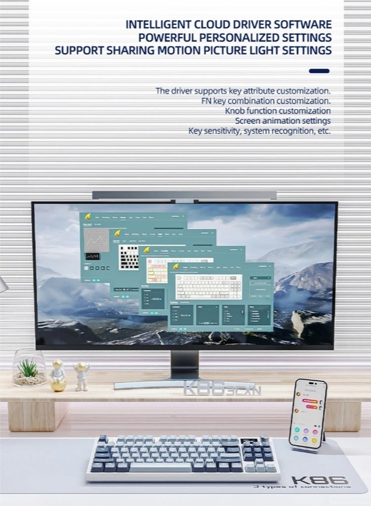 Attack Shark K86 RGB Wireless Gasket Mechanical Keyboard,Triple Mode Bluetooth5.0/2.4G/USB-C 87 Keys Hot Swappable Gaming Keyboard, 4000 mAh Battery 1.2'' HD OLED Display Volume Rotary Button for Games and Work - Image 4