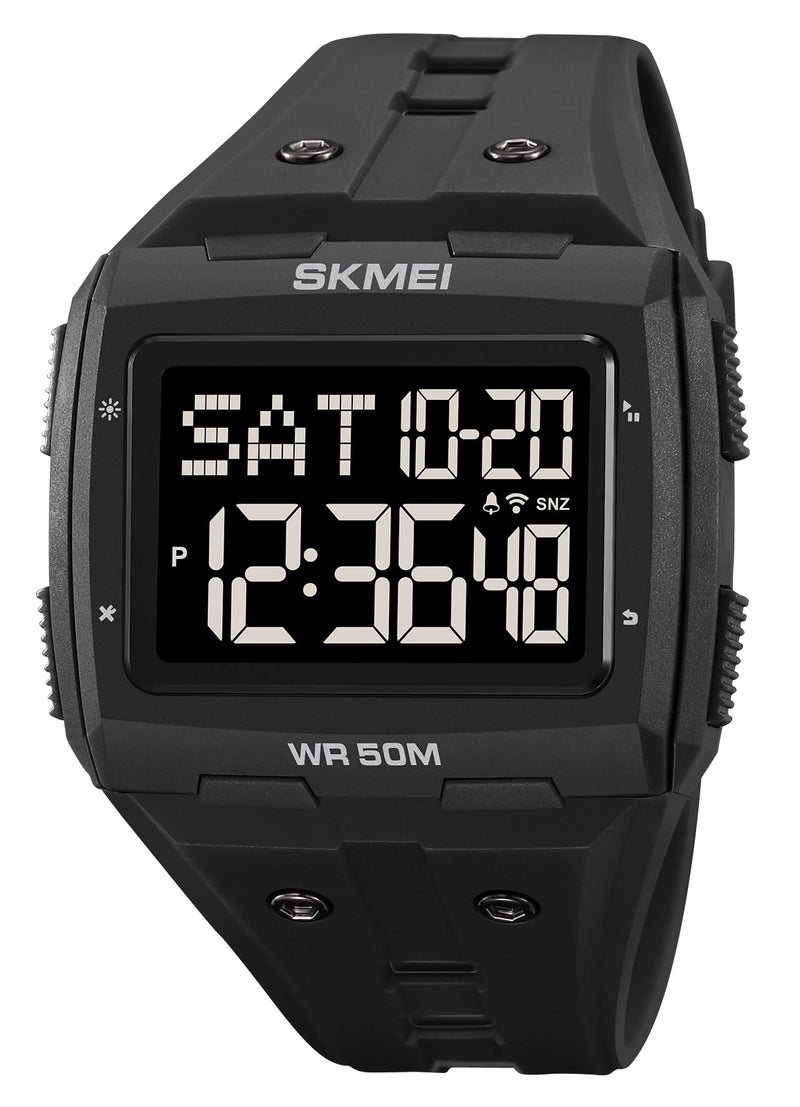 Gosasa Men Digital Watch Rectangle Large Face 5ATM Waterproof Easy to Read Military Watch Multifunctional Sports Watches Alarm Clock LED Digital Double Time Watch (Black Black) - Image 1