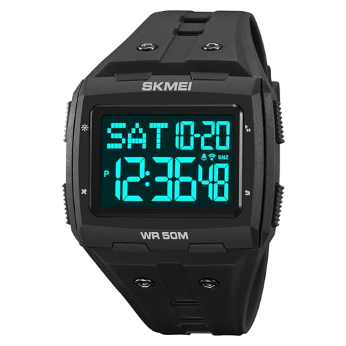 Gosasa Men Digital Watch Rectangle Large Face 5ATM Waterproof Easy to Read Military Watch Multifunctional Sports Watches Alarm Clock LED Digital Double Time Watch (Black Black) - Image 2