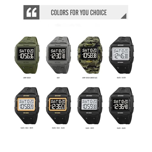 Gosasa Men Digital Watch Rectangle Large Face 5ATM Waterproof Easy to Read Military Watch Multifunctional Sports Watches Alarm Clock LED Digital Double Time Watch (Black Black) - Image 5