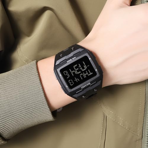 Gosasa Men Digital Watch Rectangle Large Face 5ATM Waterproof Easy to Read Military Watch Multifunctional Sports Watches Alarm Clock LED Digital Double Time Watch (Black Black) - Image 4