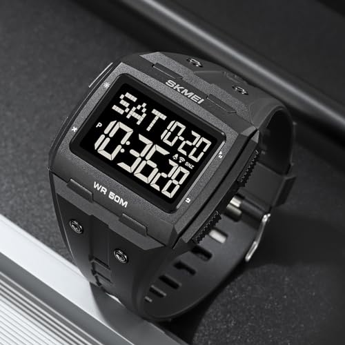 Gosasa Men Digital Watch Rectangle Large Face 5ATM Waterproof Easy to Read Military Watch Multifunctional Sports Watches Alarm Clock LED Digital Double Time Watch (Black Black) - Image 3