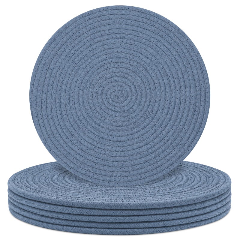 Jukercici Round Placemats Set of 6, Cotton Rope Woven Table Mats, Hot Pads for Kitchen, Non Slip Heat Resistant Place Mats, 13 Inches Braided Placemat for Farmhouse Decor and Kitchen Table Decor (Blue) - Image 1