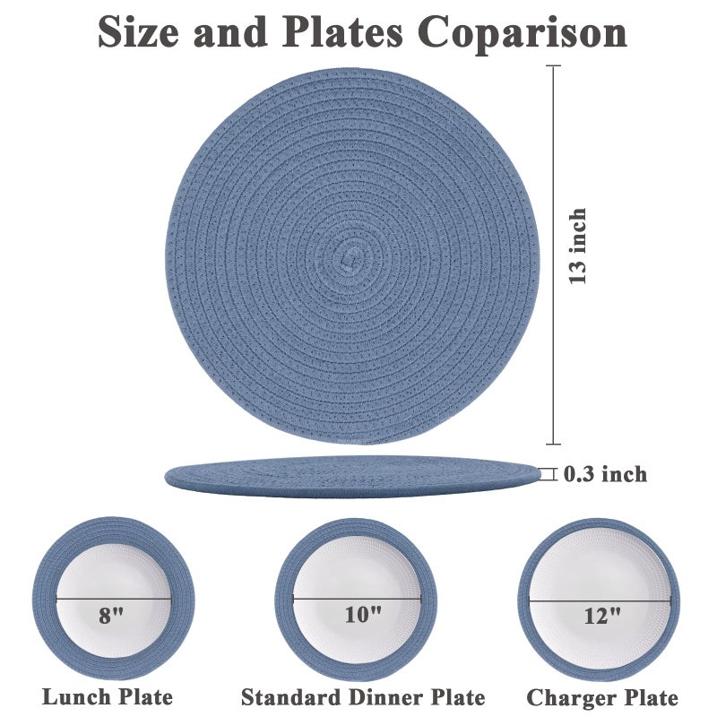 Jukercici Round Placemats Set of 6, Cotton Rope Woven Table Mats, Hot Pads for Kitchen, Non Slip Heat Resistant Place Mats, 13 Inches Braided Placemat for Farmhouse Decor and Kitchen Table Decor (Blue) - Image 2
