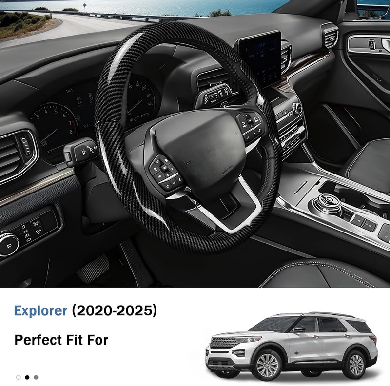 Aotoyou غطاء عجلة القيادة لسيارات Ford Explorer 2020-2025، مزود بحماية إضافية (جلد أسود لامع) - Image 3