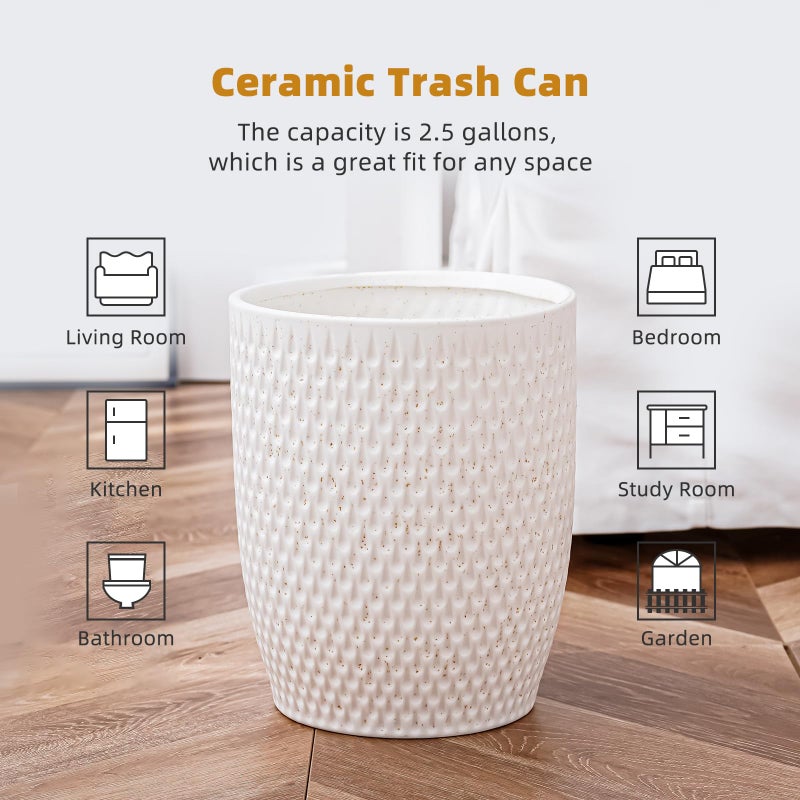 BASDHE White Ceramic Trash Can - Small Trash Can Wastebasket for Bathroom, Kitchen, Office & Home Decor - Ceramic Round Garbage Container Basket Bin (2.5 Gallon) - Image 3