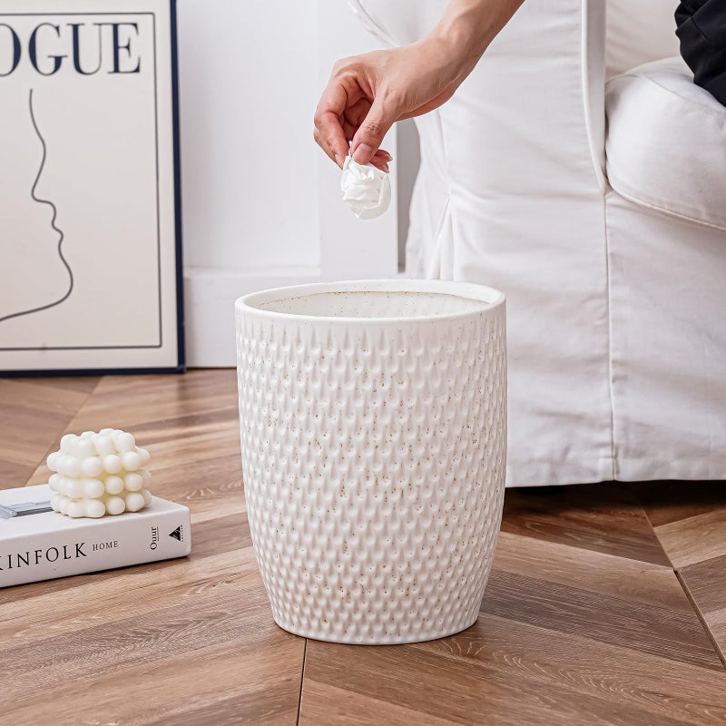 BASDHE White Ceramic Trash Can - Small Trash Can Wastebasket for Bathroom, Kitchen, Office & Home Decor - Ceramic Round Garbage Container Basket Bin (2.5 Gallon) - Image 2