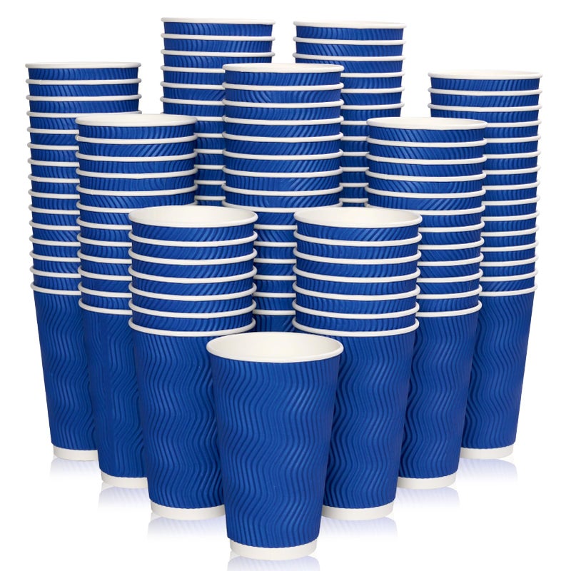 JollyPack 120 Pack 16 oz Paper Coffee Cups Blue Disposable Beverage Cups with Insulated Ripple Wall for Coffee Tea and Hot Chocolate